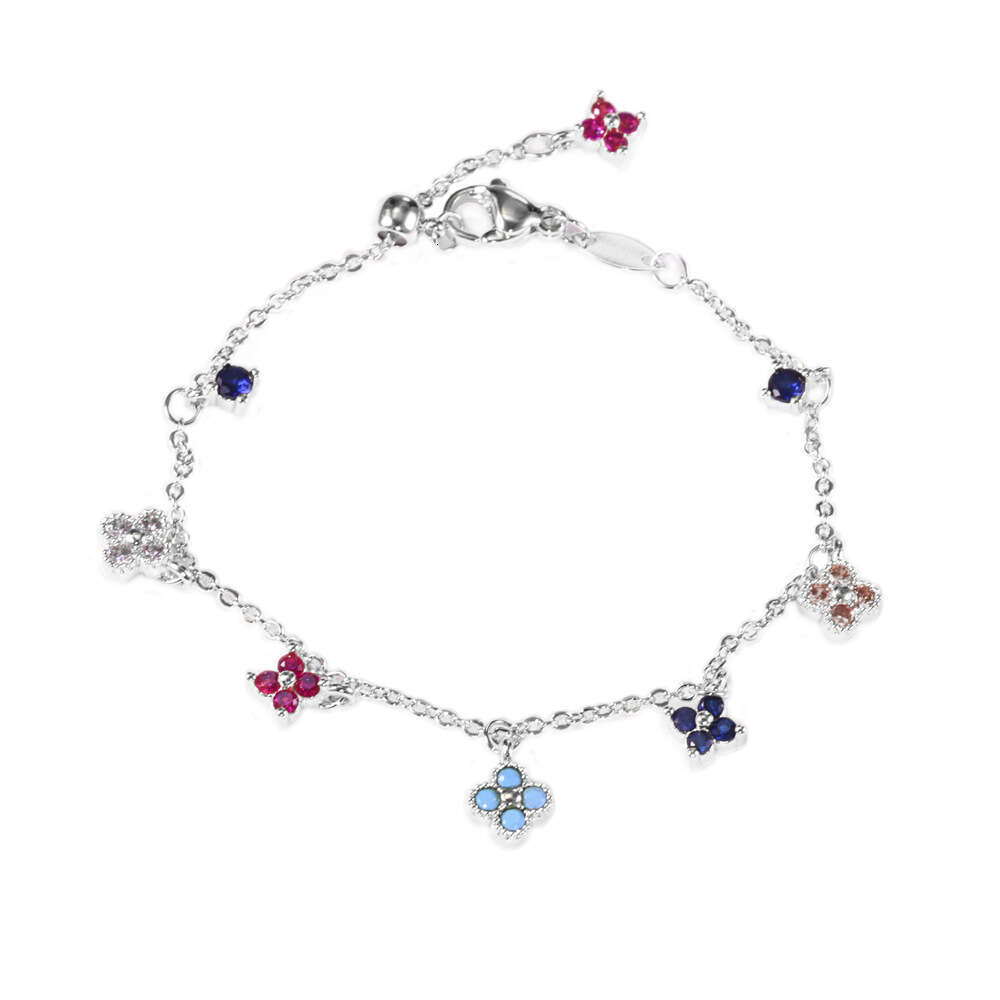 Clover Bracelet for Women Dainty O-Chain Colorful Zircon Inlaid Four-Leaf Clover Bracelet 18K Gold Plated Light Luxury INS Dopamine Adjustable Versati