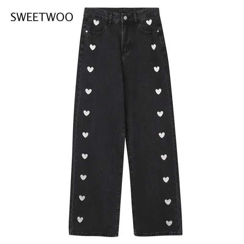 Womens Jeans 2024 Spring and Autumn New Korean Love Embroidery Casual Straight Trousers High Waist Slim Jeans Women Loose M260310
