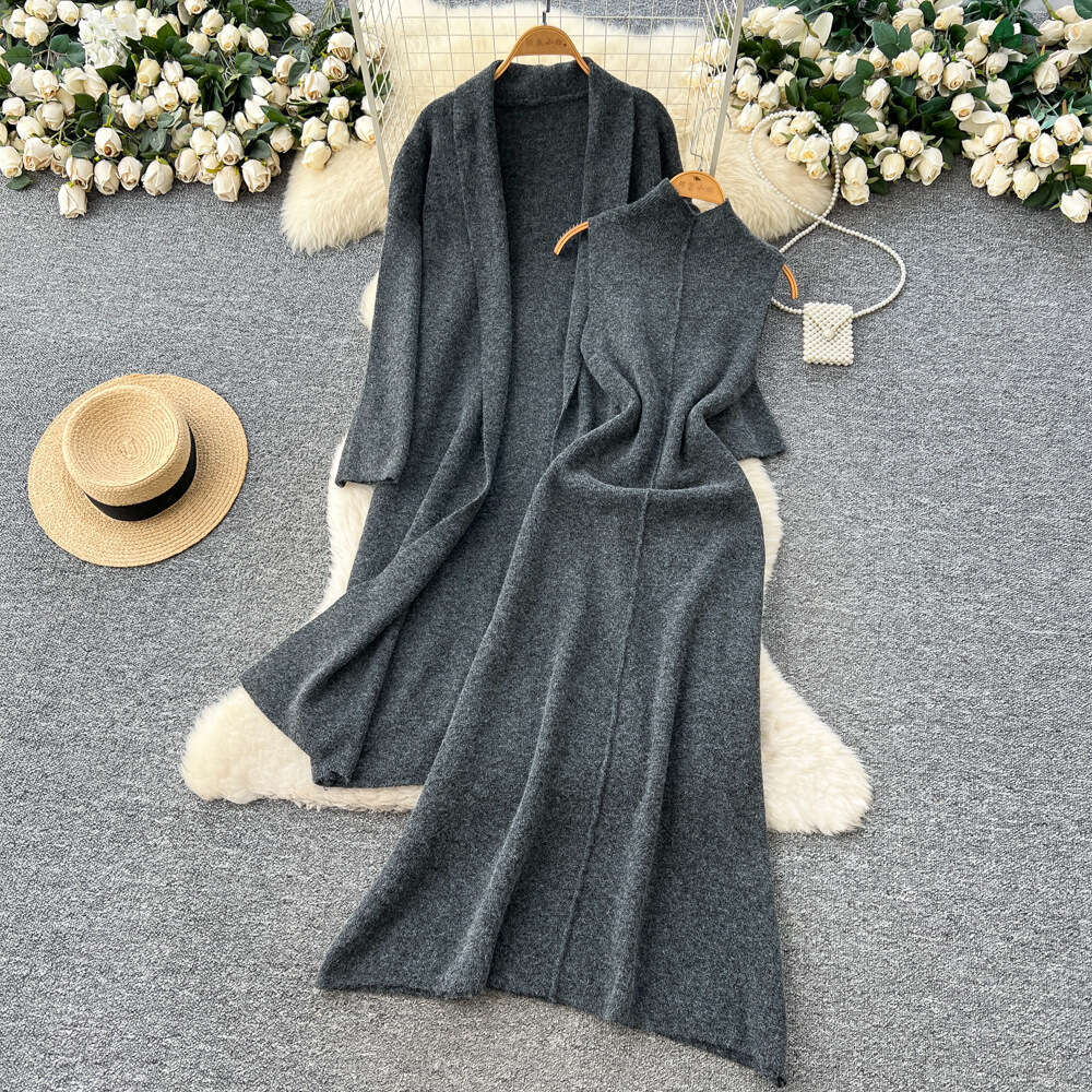 French women's autumn and winter casual fashion sleeveless waist tied knit dress paired with loose cardigan wool sweater