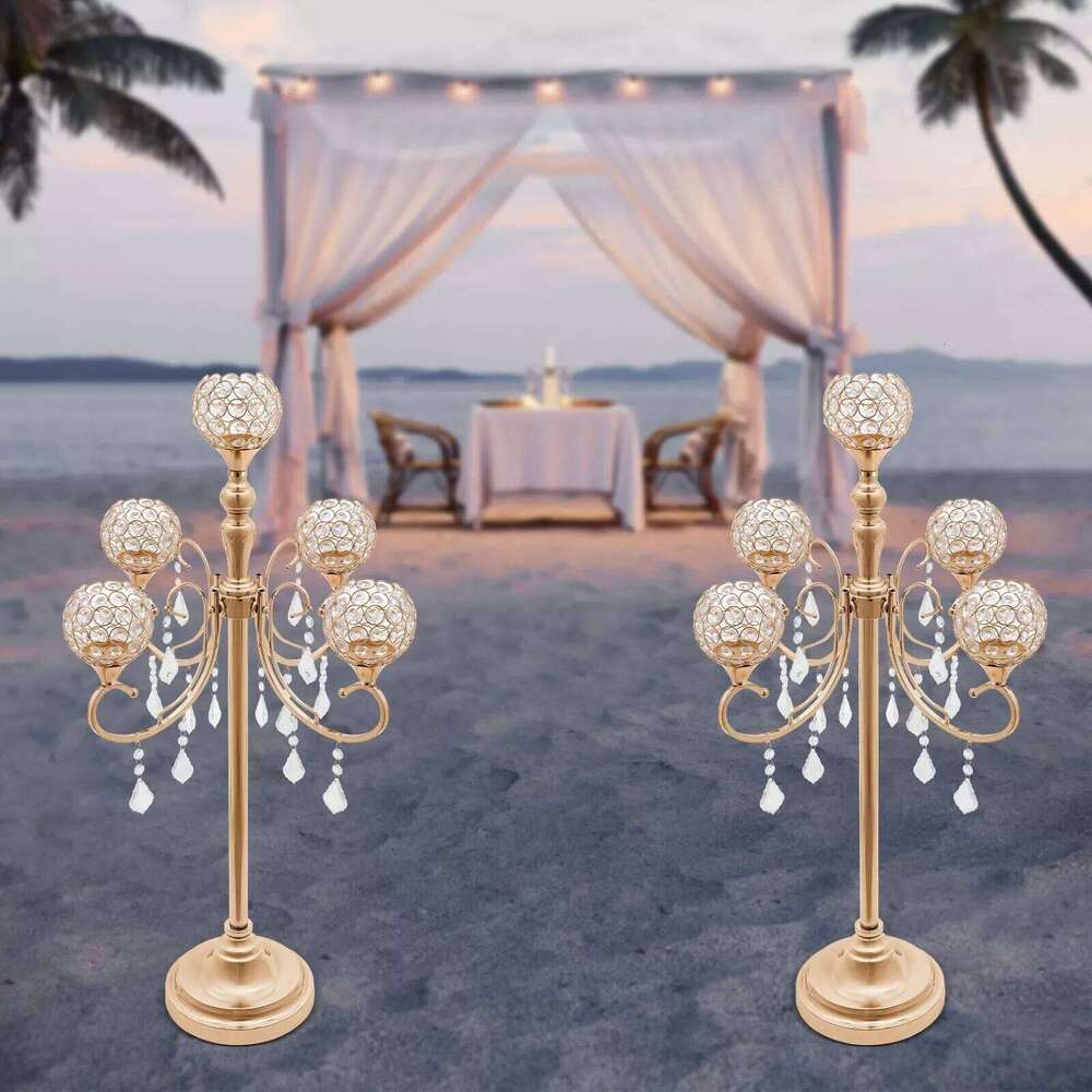 2PCS 5 Arms Crystal Candelabra Candle Holder Golden Table Centerpieces Wedding Decoration H260310