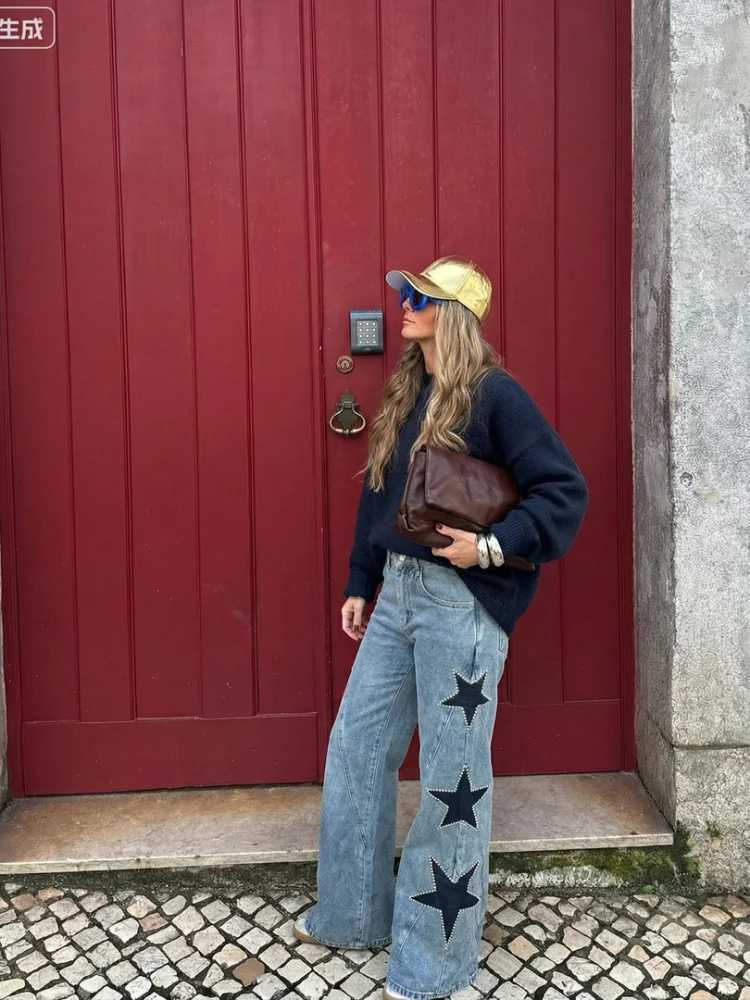 Diamond Decoration Jeans Women Five Pointed Star Straight Womens Pants Retro Baggy Fashion Street Denim Jeans Trousers LadiesT260310