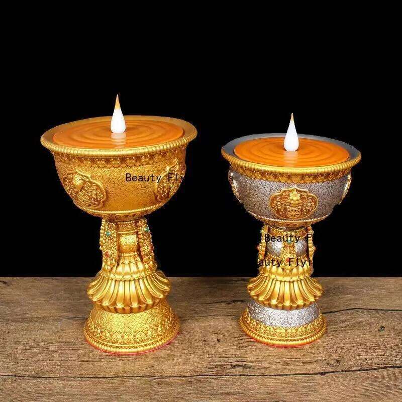1pc Resin Rechargeable Candle Holder Tibetan Electronic Butter Lamp Buddhist Table Centerpiece Simulated Flame Home Decorative H260310