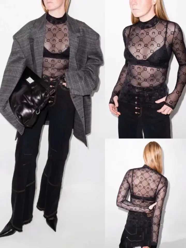 Sexy Top Womens Long Sleeve T-Shirt Moon Plush Mesh Hollow Translucent High Collar High Street Spring Solid Color VersatileT260310