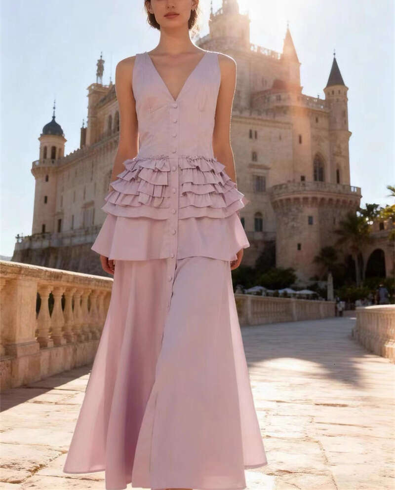2026 Spring/Summer Goddess Style Sleeveless V-neck Ruffle Solid Color Long Vacation Dress in Multiple Colors