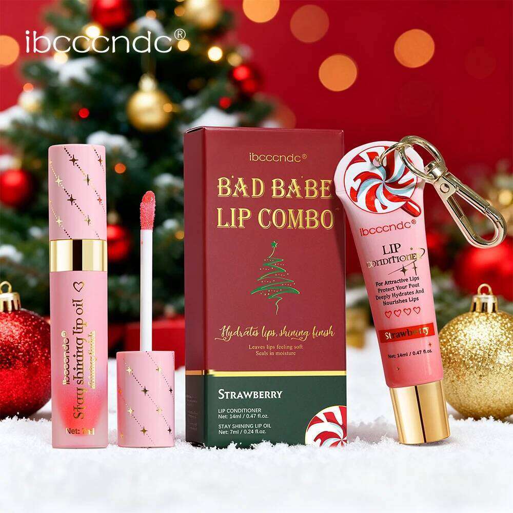 2pcs Bad Girl Glossy Set Strawberry Balm and Lip Gloss Combo Long-Lasting Hydrating Plump Lips Christmas Z260310