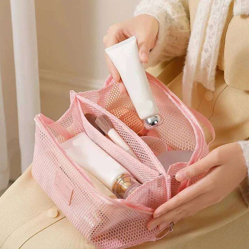 Large Capacity Handheld Makeup Zipper Multi-layer Transparent Mesh Cosmetic Bag Organizer Case Square XJ260310