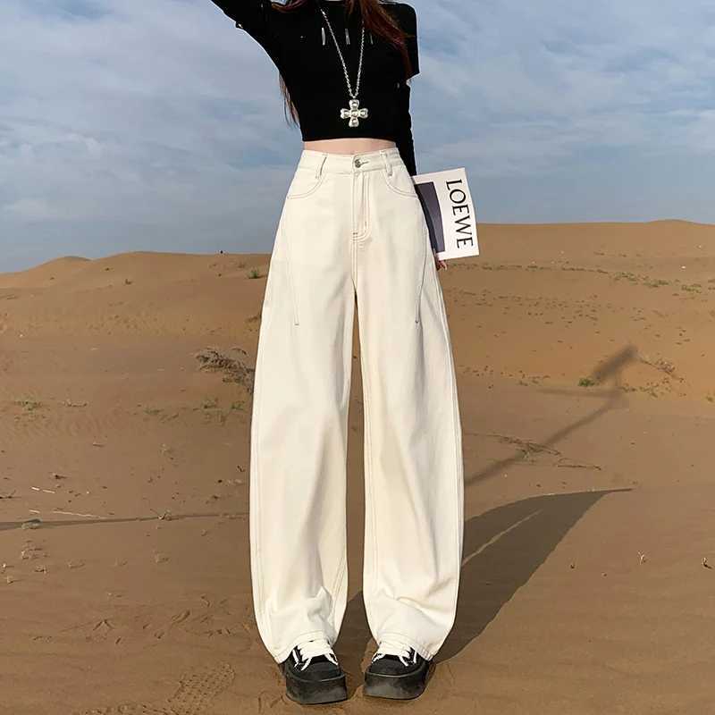 Womens Back Pocket High Waist Curved Leg Jeans Wide Leg Loose Slimming Straight Floor Length Pants M260310