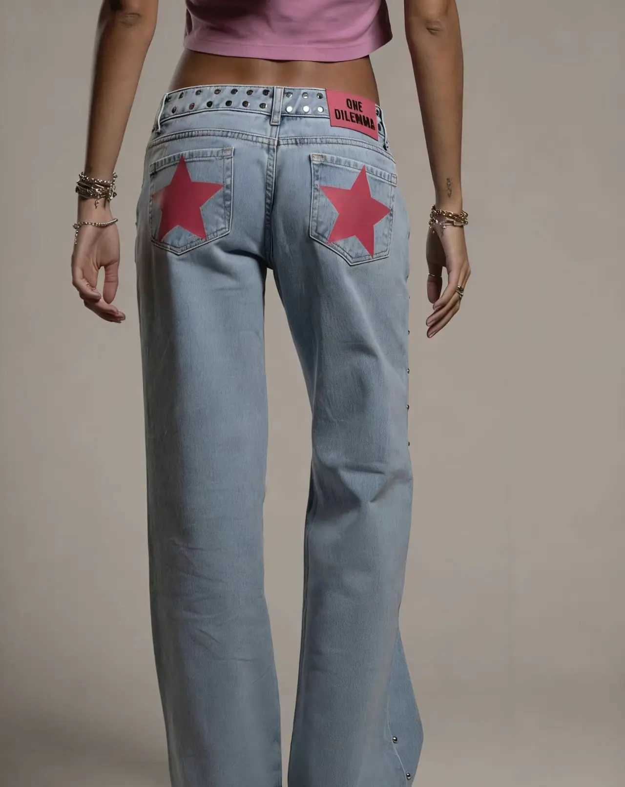 Women High Waist Five-Pointed Star Print Harajuku Straight Denim PantsT260310