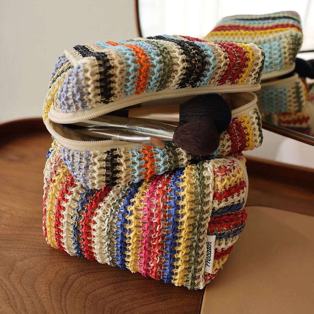 Colorful Knitted Cosmetic Bag Travel-Friendly Handbag Toiletry Pouch Women's Cosmetics & Skincare Organizer On-the-Go Bag-in-Bag XJ260310