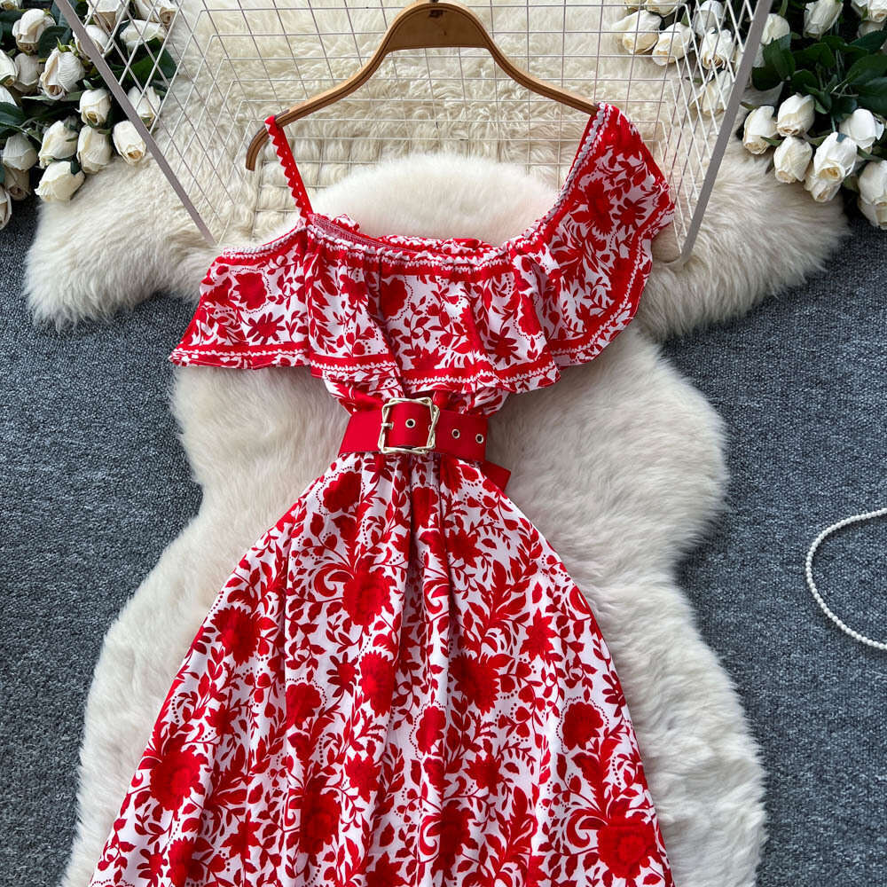 Designer French Exquisite Design Single Shoulder Strap Ruffle Tie Printed Women's Dress Elegant and Fashionable