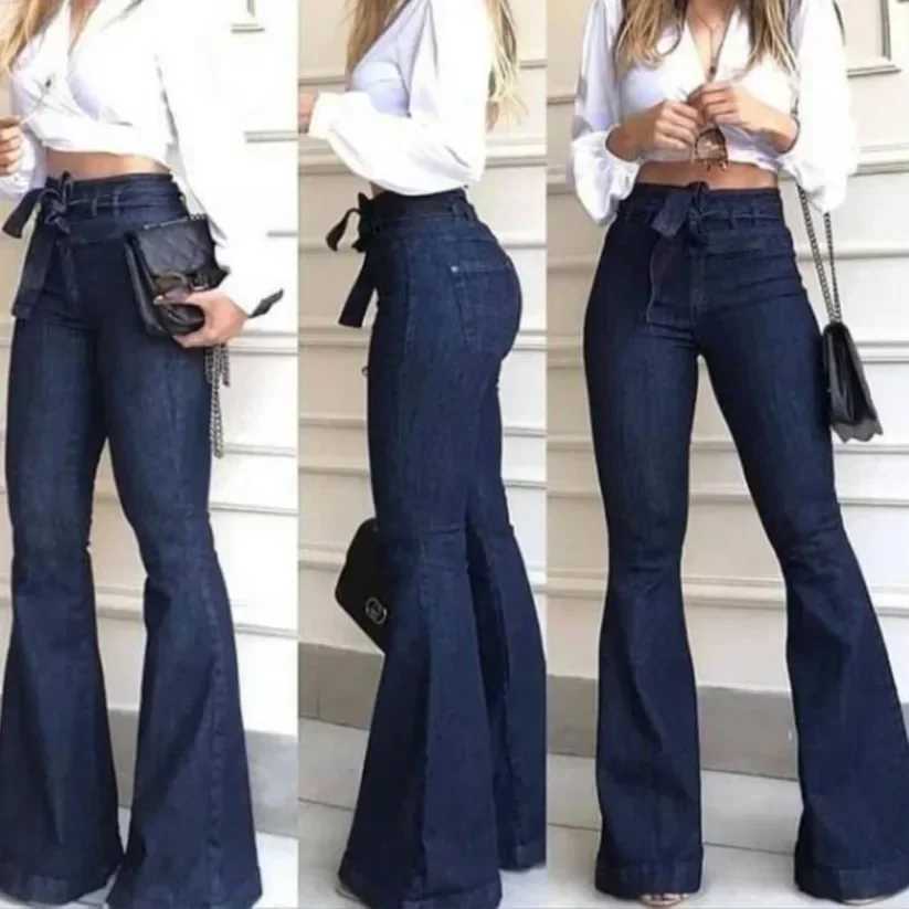 Women Jeans Solid Color High Waist Flare Pants Zipper Fly Flat Pockets Streetwear Slim Patchwork Button Slight Strech Belt M260310