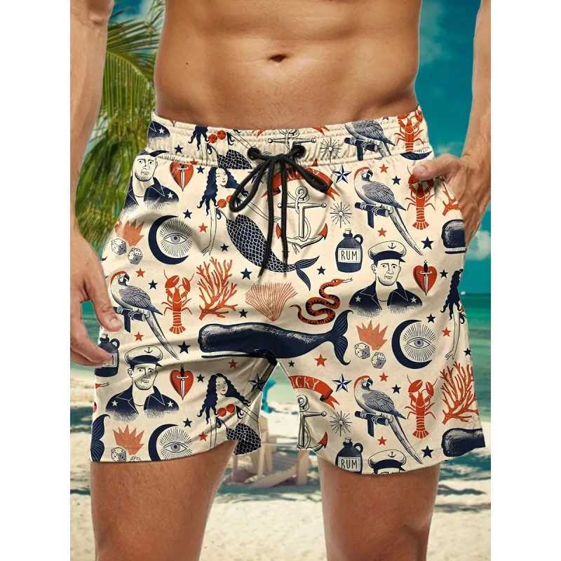 Pineapple Parrot Graphic Swim Trunks For Men Marine Tentacle 3D Printed Beach Shorts Summer Casual Sport Loose Surf Short Pants N260310
