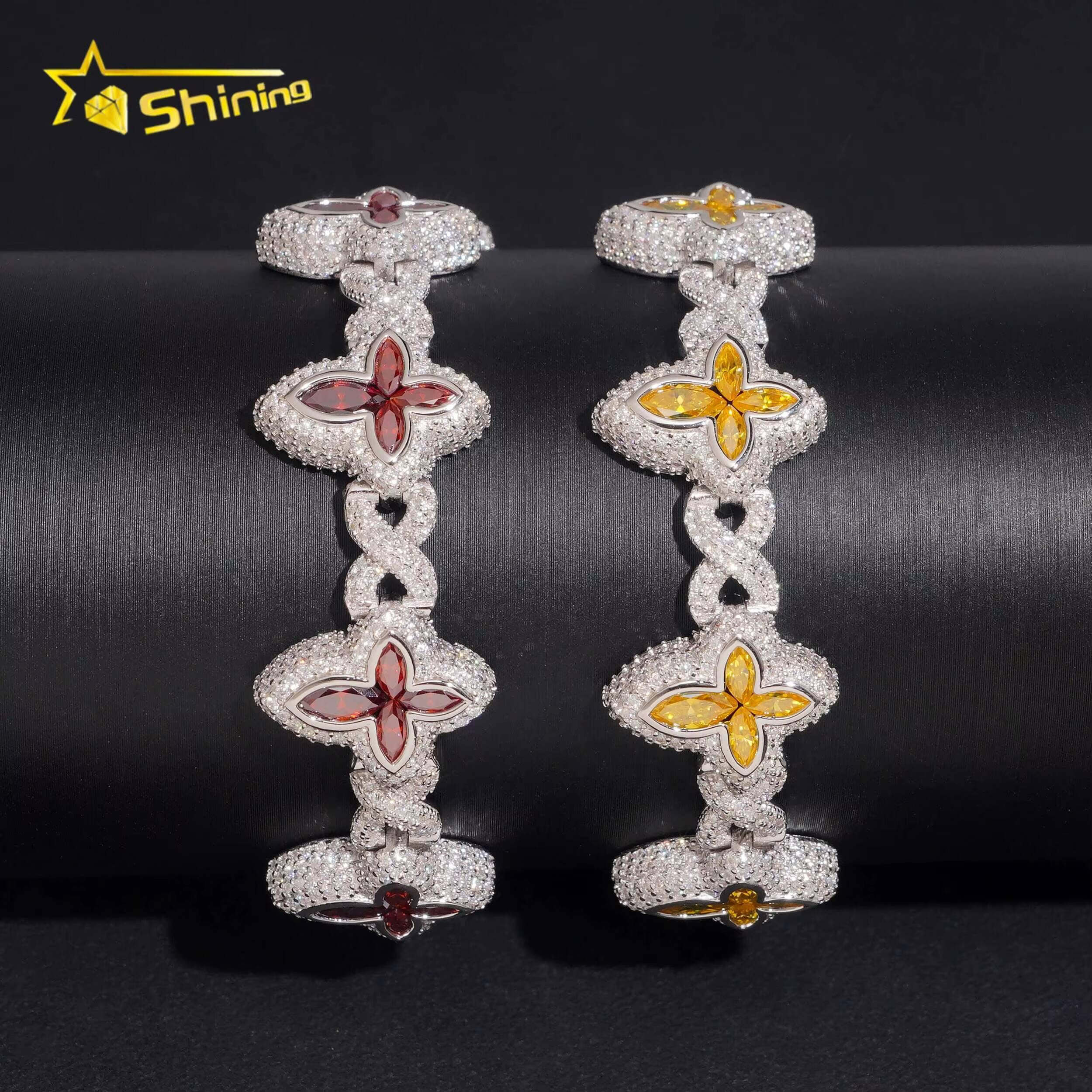 Pass Diamond Tester Colors Moissnaite Flower 15mm Mens Cuban Bracelet S925 Gold Plated Luxury Cuban Link Chain Hip Hop Jewelry