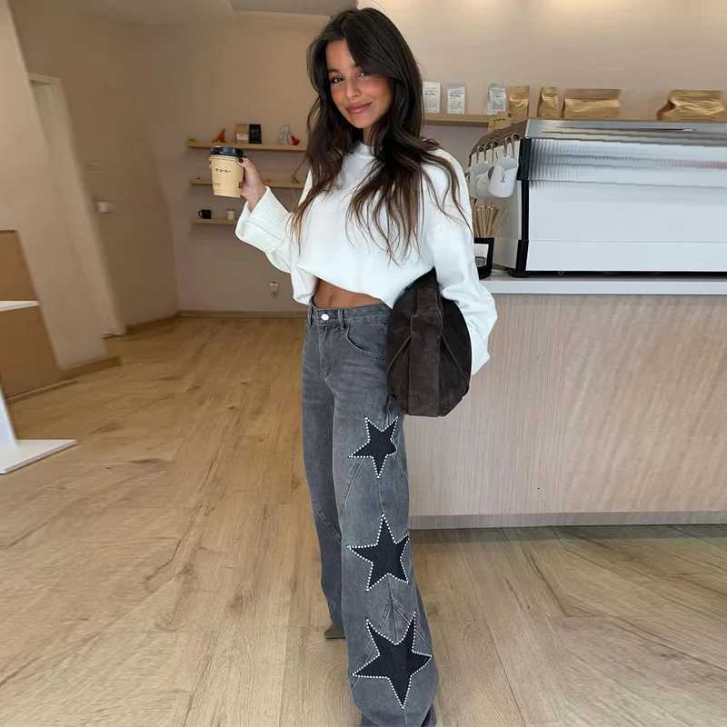 Diamond Decoration Jeans Women Five Pointed Star Straight Womens Pants Retro Baggy Fashion Street Denim Jeans Trousers LadiesT260310