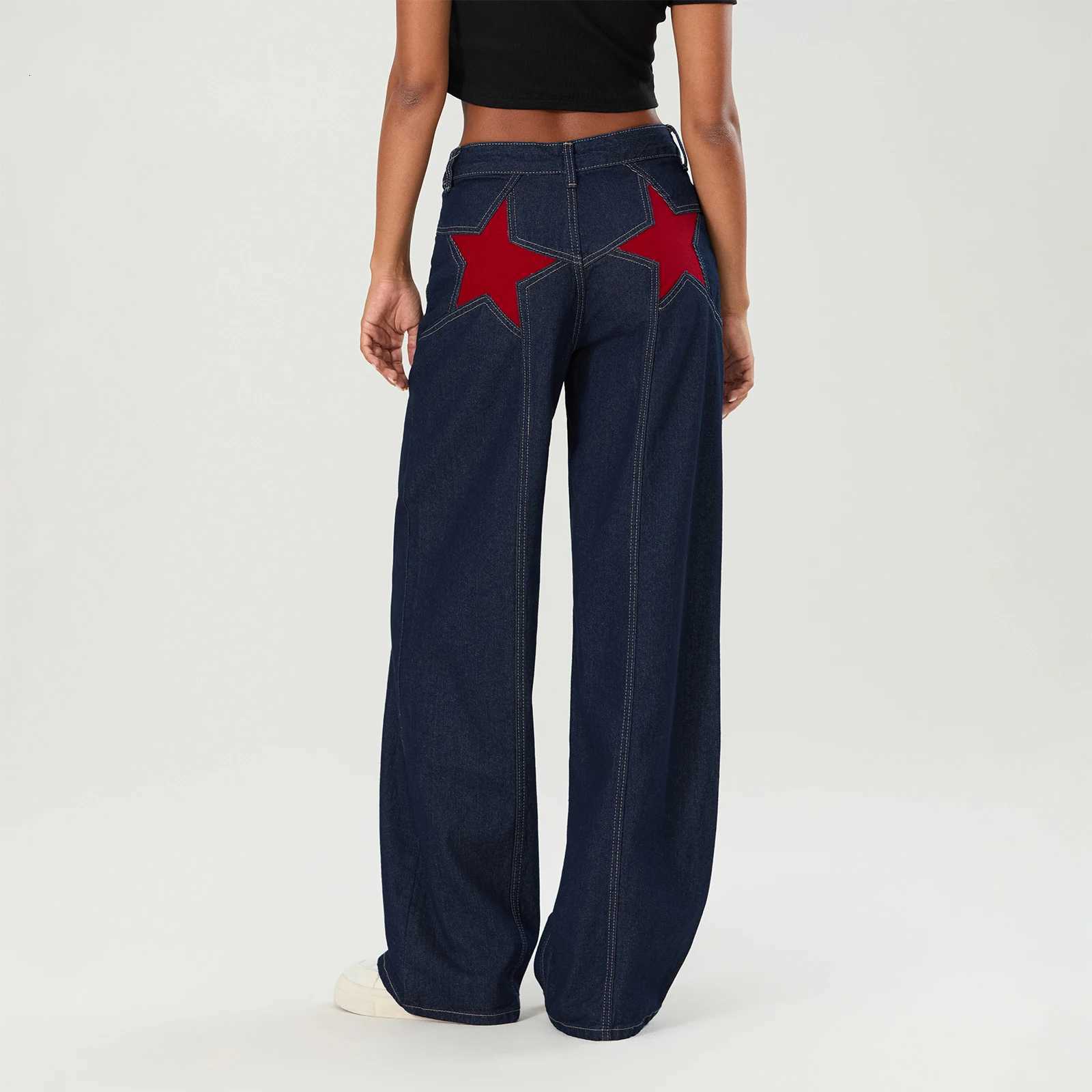 Womens Y2K Vintage Jeans Aesthetic Star Pattern Print Loose Straight Leg Denim Long Pants Casual Low Waist TrousersT260310