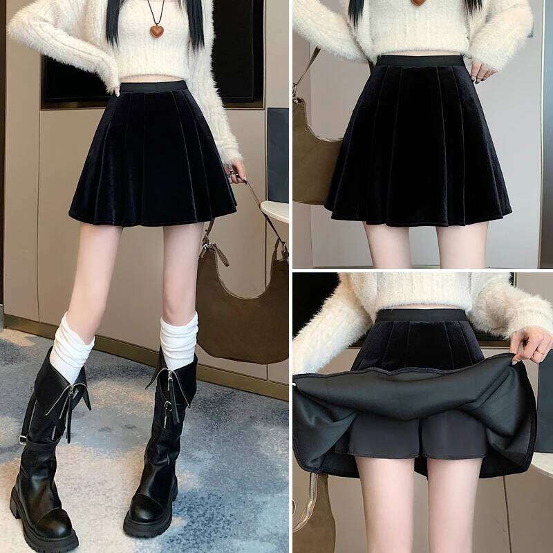Fashion Streetwear Winter Mini Skirt Women Vintage Black Golden Velvet Pleated Skirts With Shorts A-Line Cute Skater Jupe Femme XJ260309