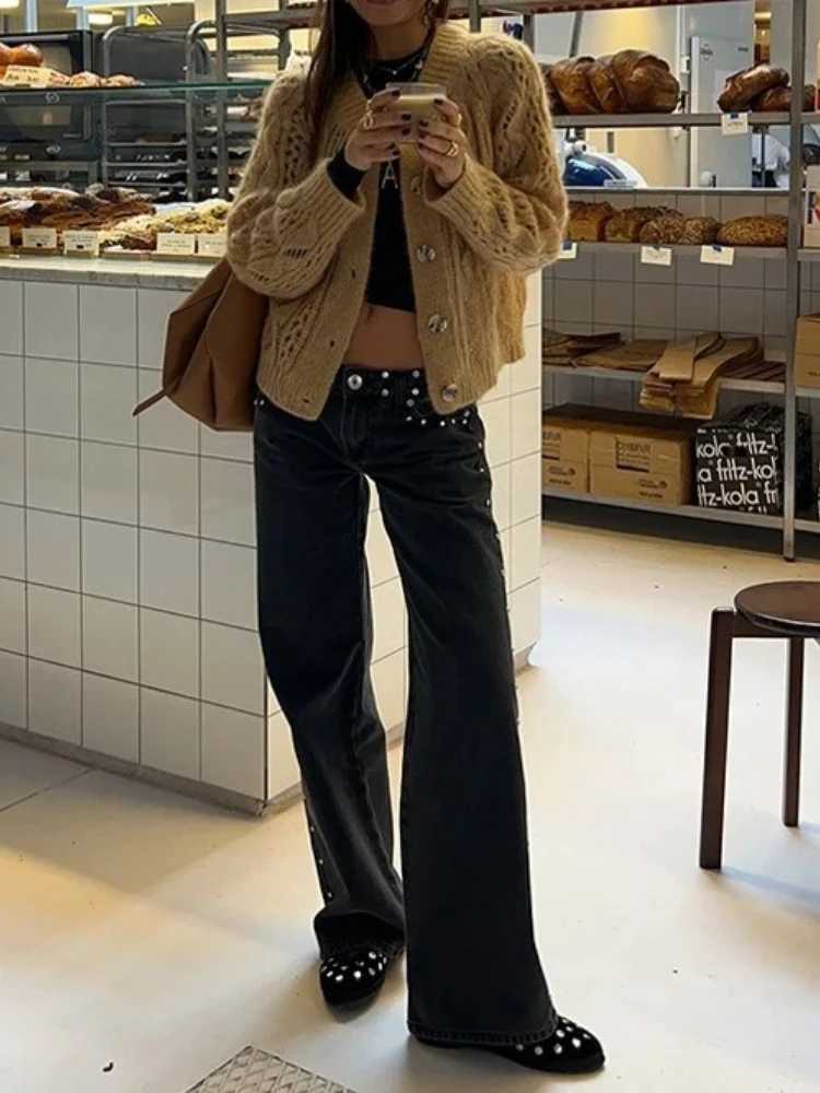 Deeptown Y2k Black Vintage Leopard Star Patchwork Women Jeans Punk American Style Denim Trousers Straight Baggy High Street M260310