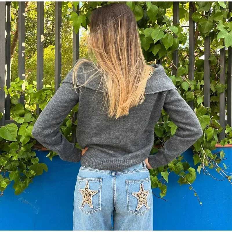 European and American Leopard Print Star Patch Jeans Street Womens High Waist Jeans Fashion Clothing Vintage Straight TrousersT260310