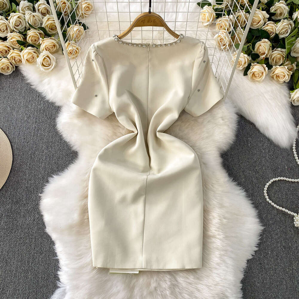 Luxury cross-border social heavy bead diamond accessories round neck women's summer dress with high-end texture