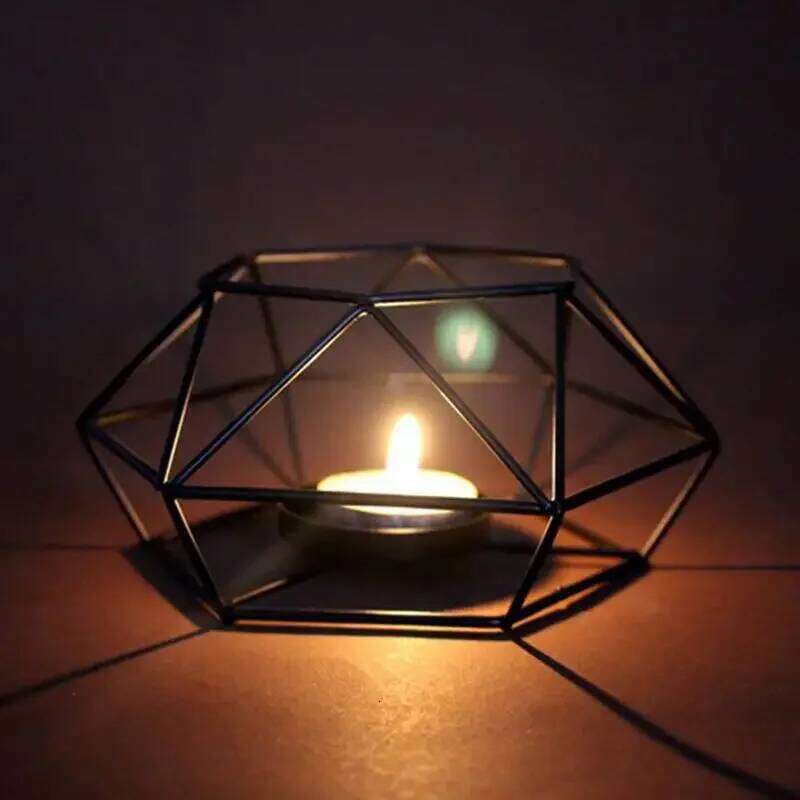 Peandim Geometry Small Tealight Candle Holders Tabletop Aritist Craft Black Metal Wire Candlestick Home Decor Valentine's Gift H260310