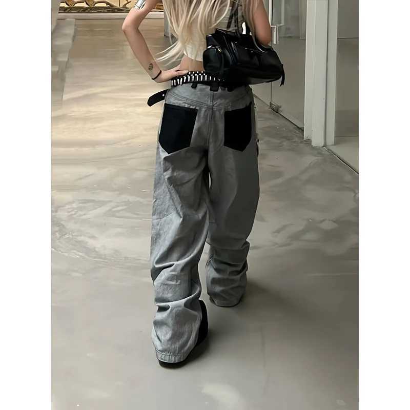 Vintage Jeans Women Pocket Printed Spliced Trousers Gothic Harajuku Loose Straight Pants Summer New Chic Trouser M260310