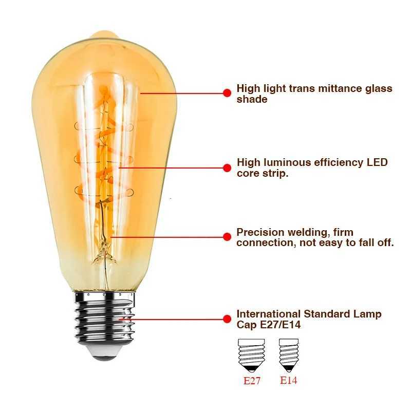 2/4pcs Retro LED Edison Bulb E14 E27 220V Spiral Soft Filament Warm Yellow Led Light Bulb Indoor Decor Tube Globe Vintage Lamp H260310