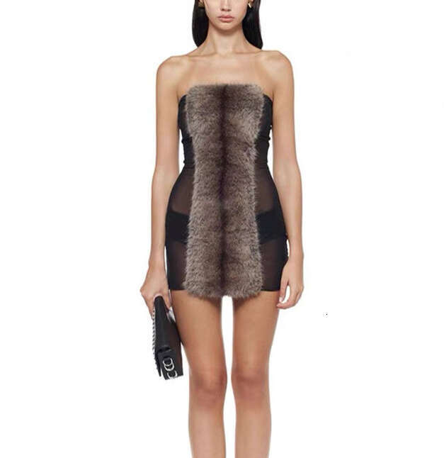 2026 New European and American Fashion Sexy Strapless Fur Splicing Mesh Transparent Design Slimming Mini Dress