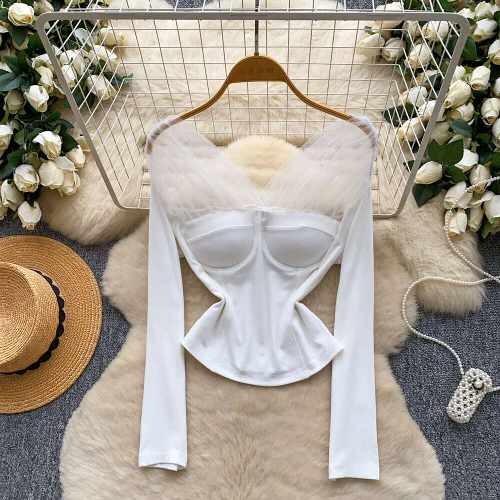 Designer spicy girl mesh patch long sleeved women's T-shirt for autumn 2026, high-end slim fit fashion base