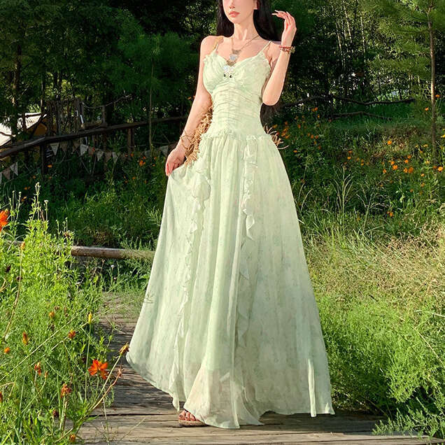 2026 Spring/Summer Designer Women's Adjustable Ruffle Fairy Style Long Skirt with Inner Chest Cushion
