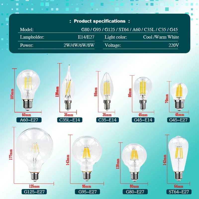 4pcs/lot Retro Edison LED Light Bulb E14 E27 AC220V 2W 4W 6W 8W Glass Vintage Filament Lampada Led Lamp Cold/Warm White Lighting H260310