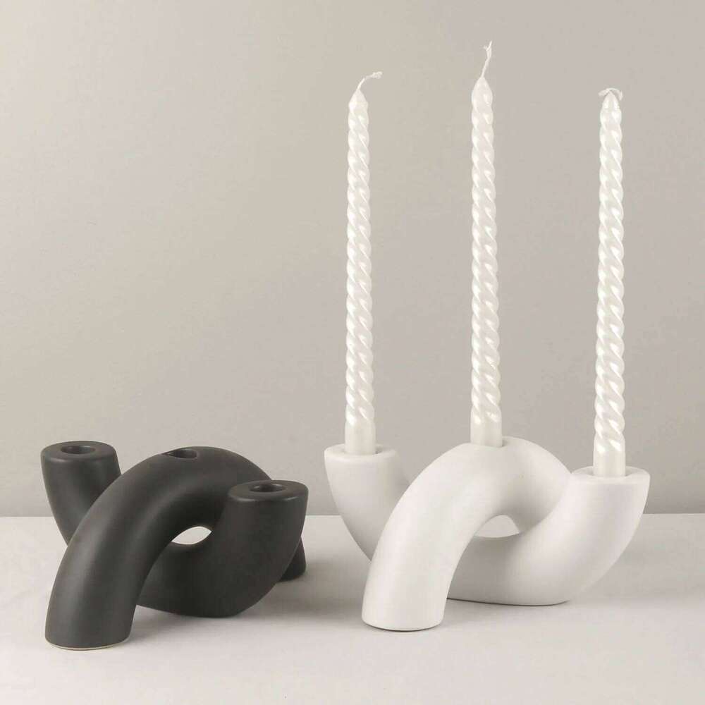 Traditional Arch Candlestick Holder,Nordic Minimalist Geometric Curved Candlestick,White Ceramic Tube type Candle Stand H260310
