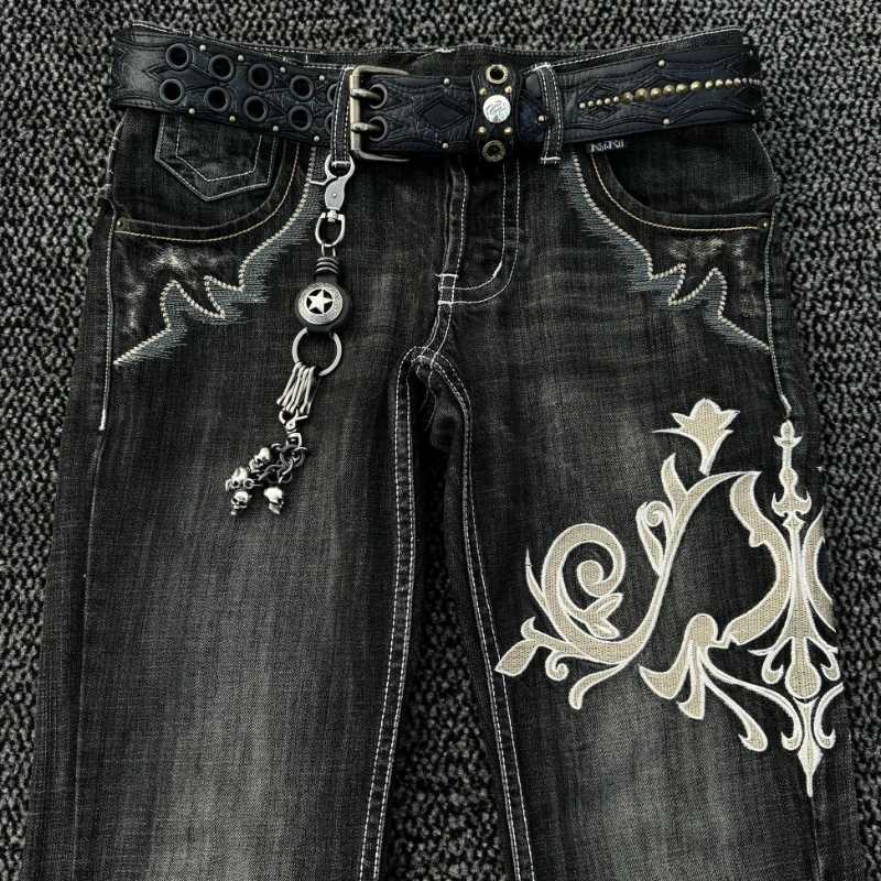 HOUZHOU Vintage Embroidery Patchwork Women Flared Jeans Y2k Harajuku Wide Leg American Style Denim Pants Baggy Punk Streetwear M260310