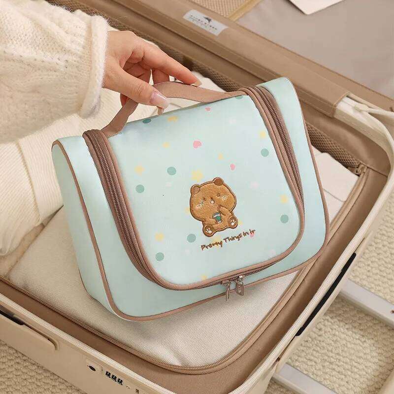 2025Milk tea bear curved cover hook toiletry travel storage cartoon cosmetic bag large capacity XJ260310
