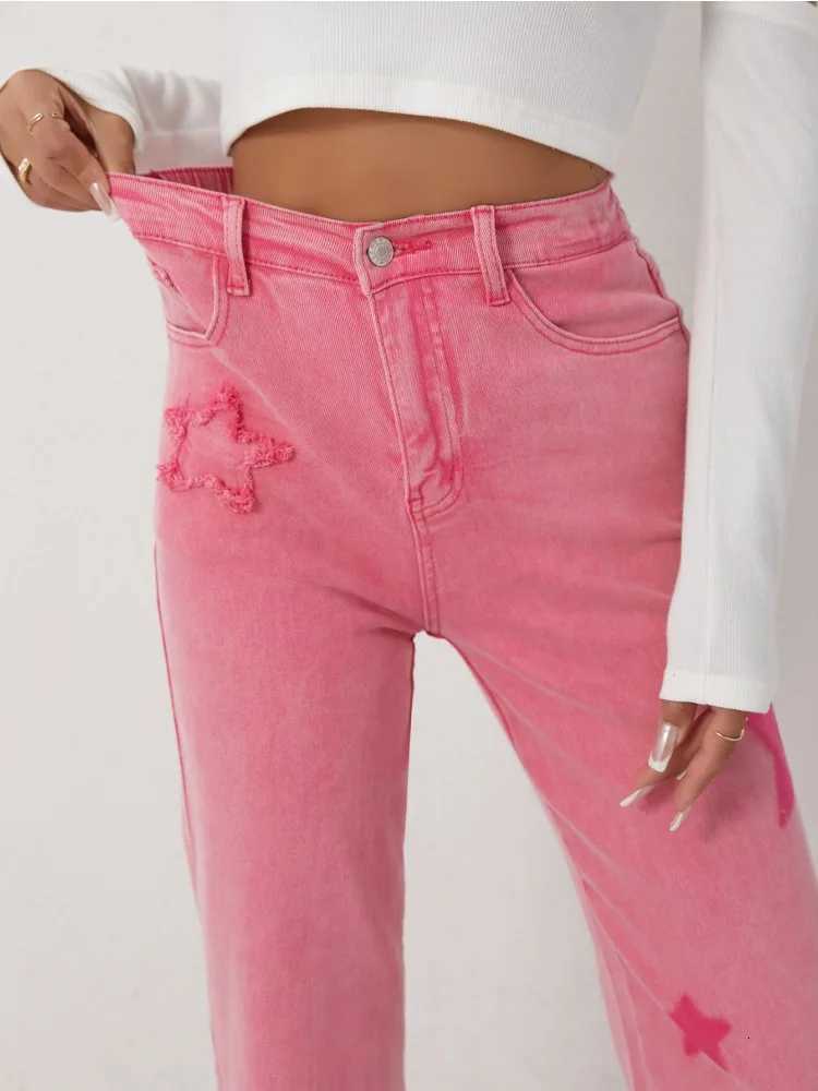 Womens Pink Jeans Star Print Flared High Waist Denim Trousers Stylish and Comfortable Outfit OptionT260310
