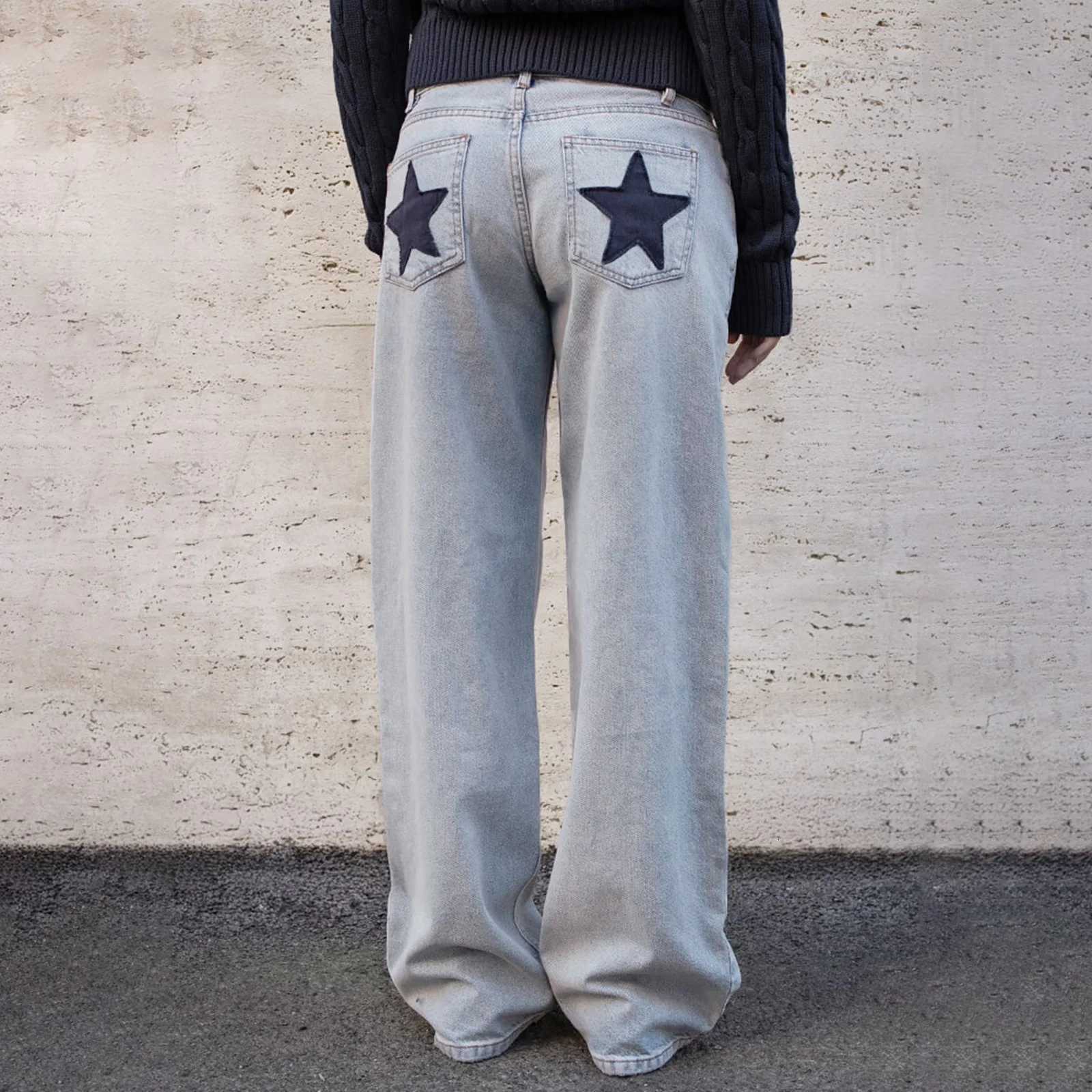 Womens Spring Fall Baggy Jeans Pants High Waist Loose Straight Leg Denim Pants with Star Pockets Y2K Vintage StreetwearT260310