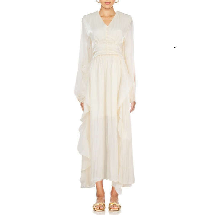 2026 new European and American niche goddess elegant and elegant solid color silk V-neck ruffled hem flowing long skirt