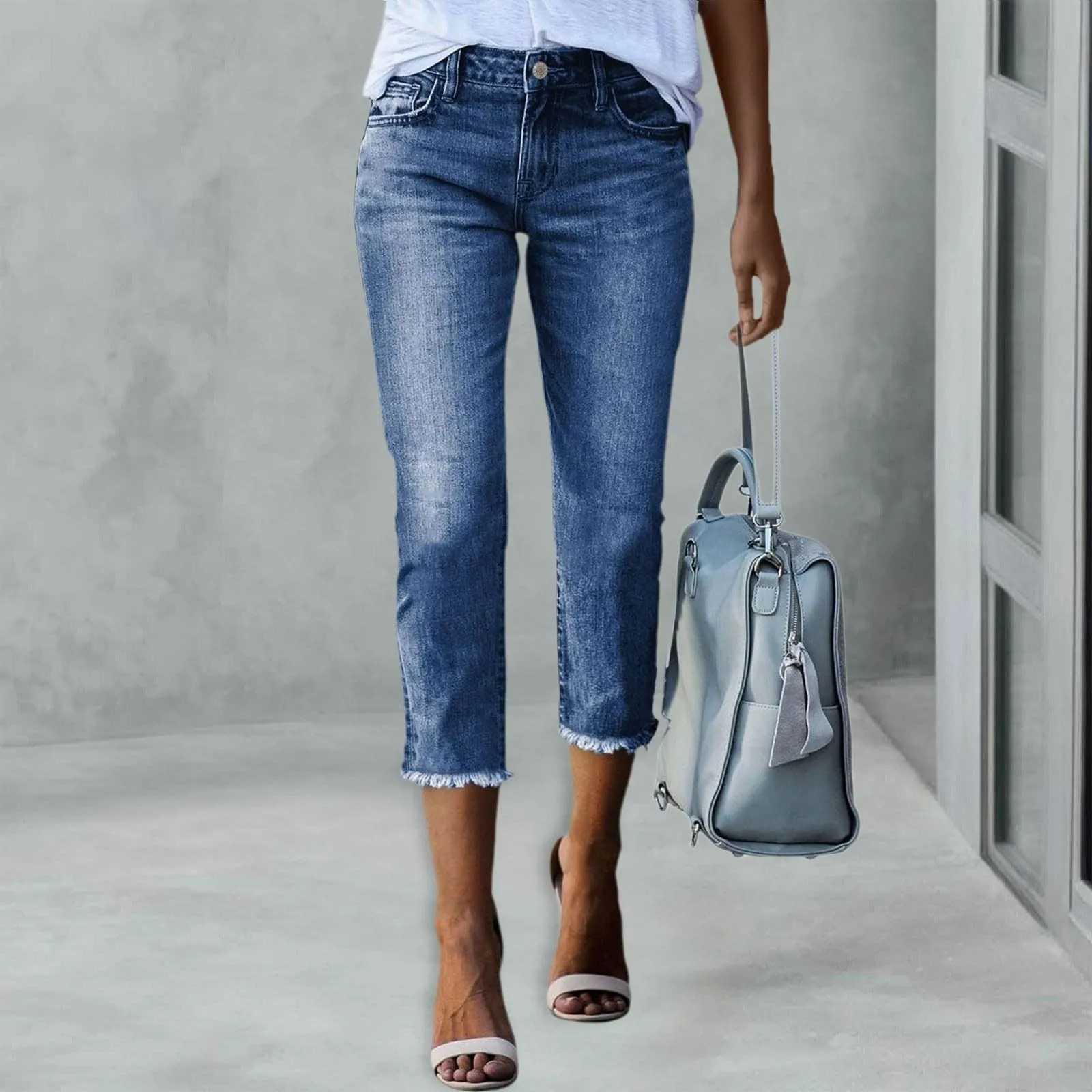 Ladies Fashionable Slim Fitting Ripped Trendy Jeans Summer Streetwear Casual Distressed Stretchy Denim Pants M260310