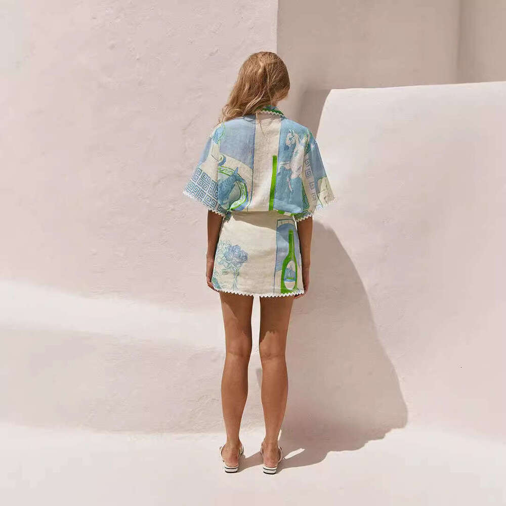 Fashion Printed Ruffle 2 Piece Set Women Summer Casual Patchwork Holiday Trendy Pocket Button Tops And Mini Skirt Two Piece Sets