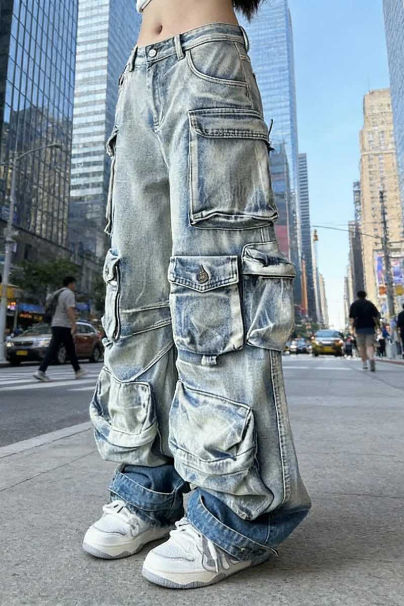 Women Y2k Jeans Fall Trendy Oversized Pocket Design Distressed Wash Vintage Cargo Jeans Loose Fit Denim Pants M260310