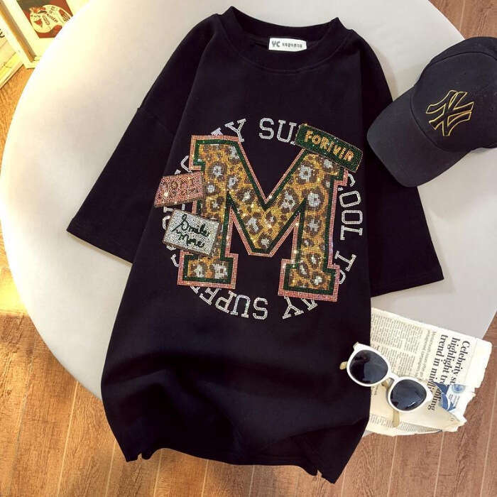 Summer T Shirt for Women Cotton Letter Hot Drill Oversized Clothes Loose Short Sleeved Top Luxury Designer Graphic Tees Women