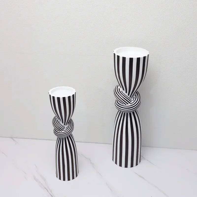 Black and White Striped Twisted Rope Knot Single Candle Holder, Resin, Dining Table Wedding Center Decoration, Modern Decoration H260310