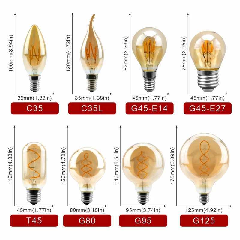 E14 E27 Retro LED Spiral Filament Light Bulb 4W Warm Yellow 220V C35 A60 T45 ST64 T185 T225 G80 G95 G125 Vintage Edison Lamp H26031011