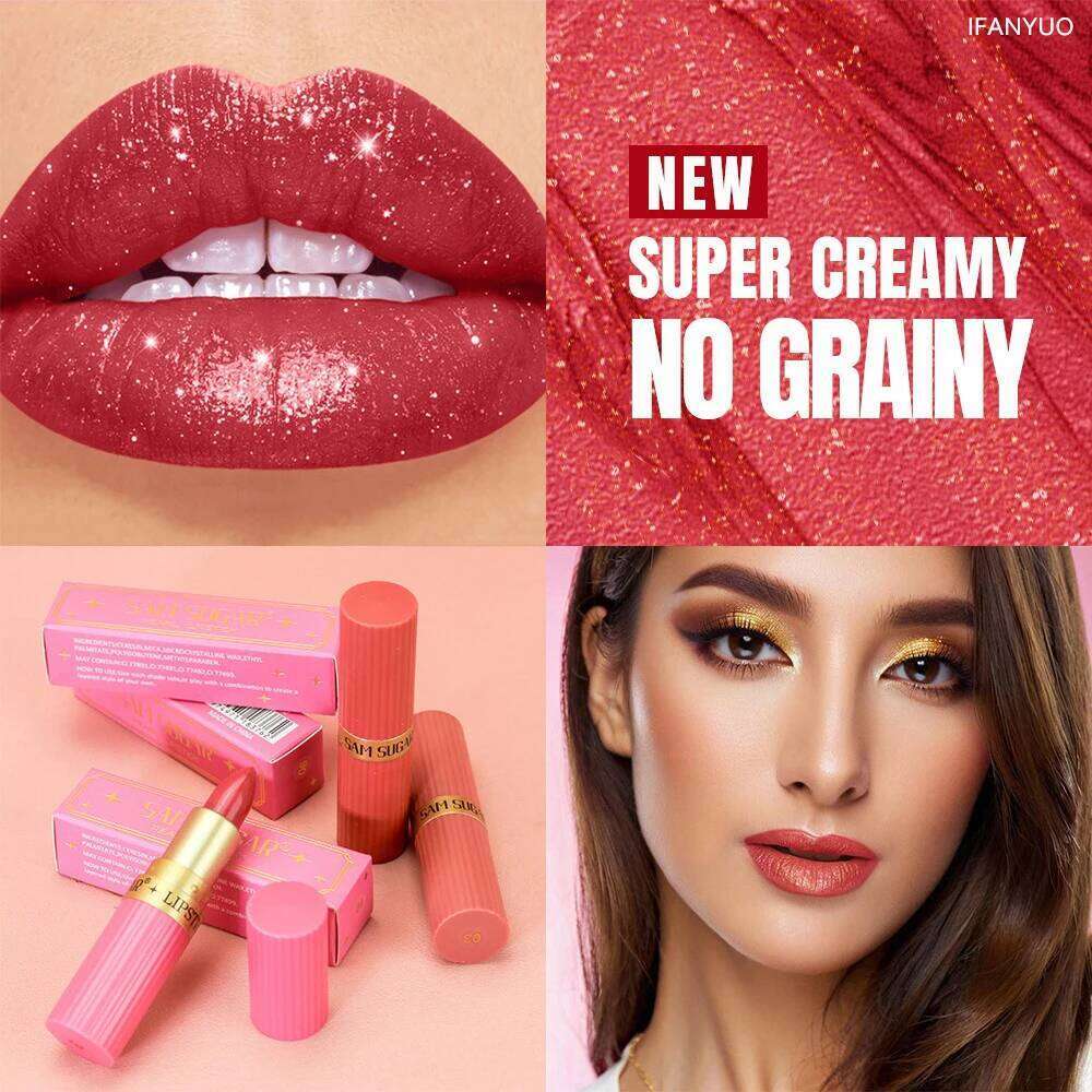 Diamond Shiny Velvet Matte Lipstick Glitter Shimmer Pearlescent Sexy Red Tint Non-Stick Lip Stick High Pigment Lips Cosmetic Z260310