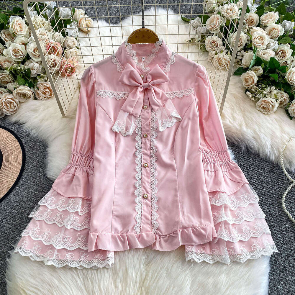 French court retro high-end lace patchwork stand up collar women's shirt with sweet and youthful bow and bell shaped sleeves