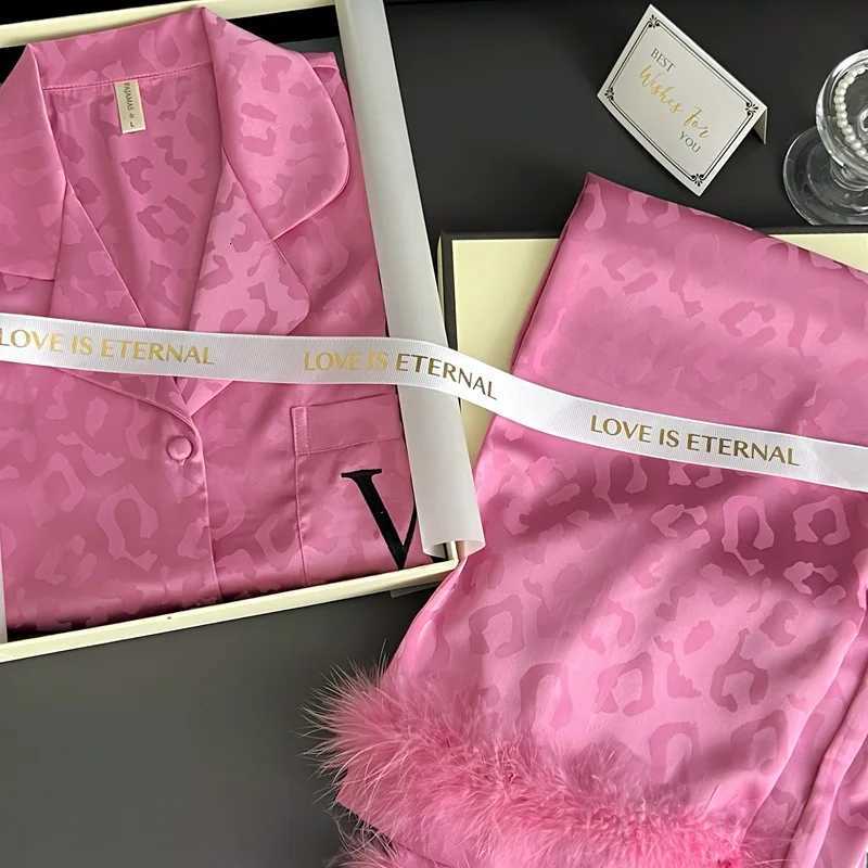 2025 New Summer Leopard Print Pyjamas Suit Long Sleeve Nightwear 2Pcs Pjs Women Home Suit Luxury Shirtpants LoungewearT260310