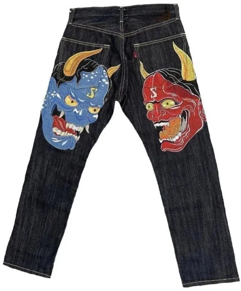 Men's Jeans Karakuri Brocade Carp Printed Jeans Harajuku American Fashion Y2K Knight Yellow Pattern Printed Summer Casual Street Trousers Hip Hop