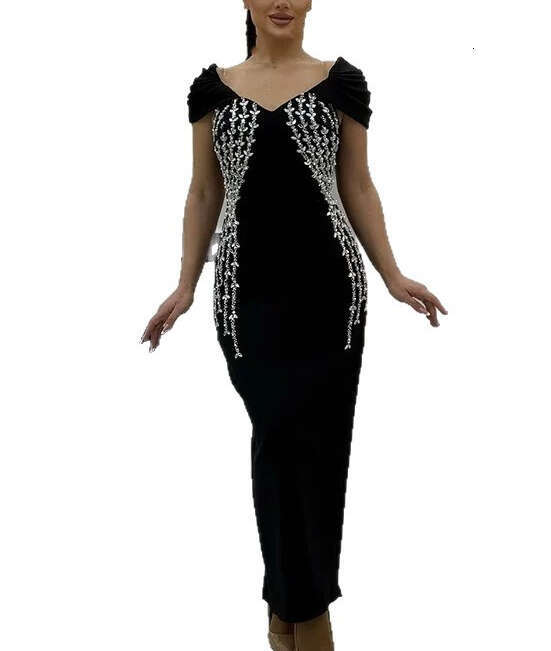 2026 new European and American style sexy off shoulder tight dress in black with thick tassels and rhinestone decoration