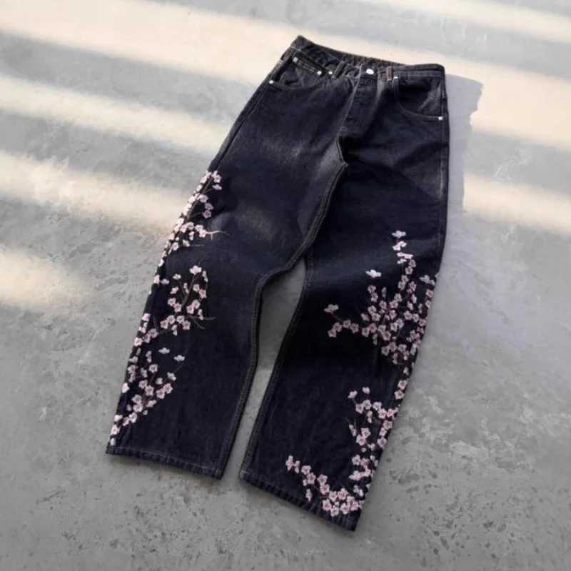 Unisex Jeans Harajuku European American Streetwear Embroidered Denim Pants Vintage Floral Loose Fit Straight Wide Leg Casual New M260310