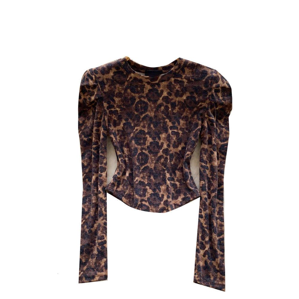 Designer French fashion high-end round neck puff sleeve leopard print women's top autumn and winter new slim fit basic shirt