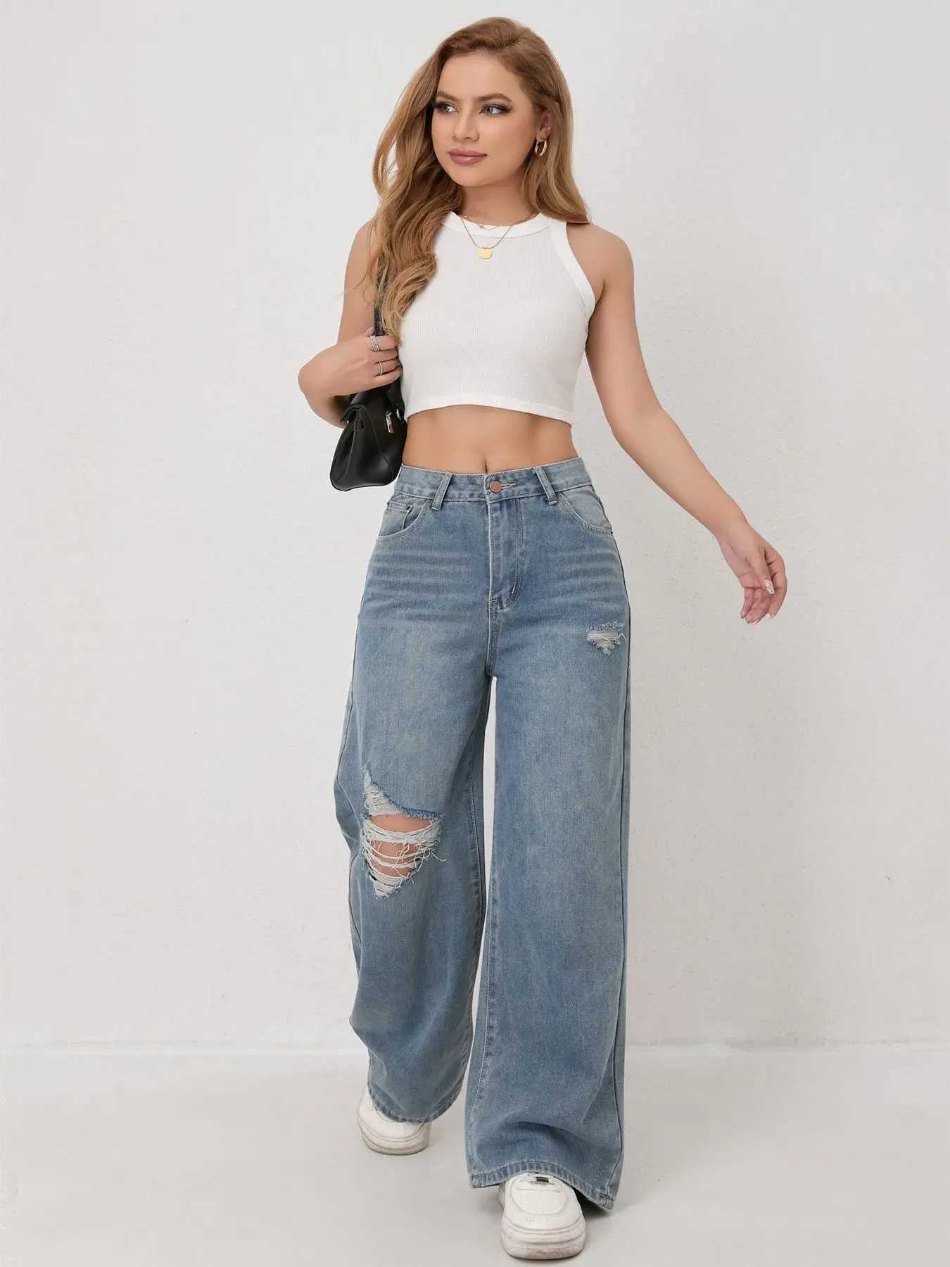 European and N Style Loose Leg Straight-leg Jeans with Holes Women Comfortable Fashion All-matching Trend Jeans M260310